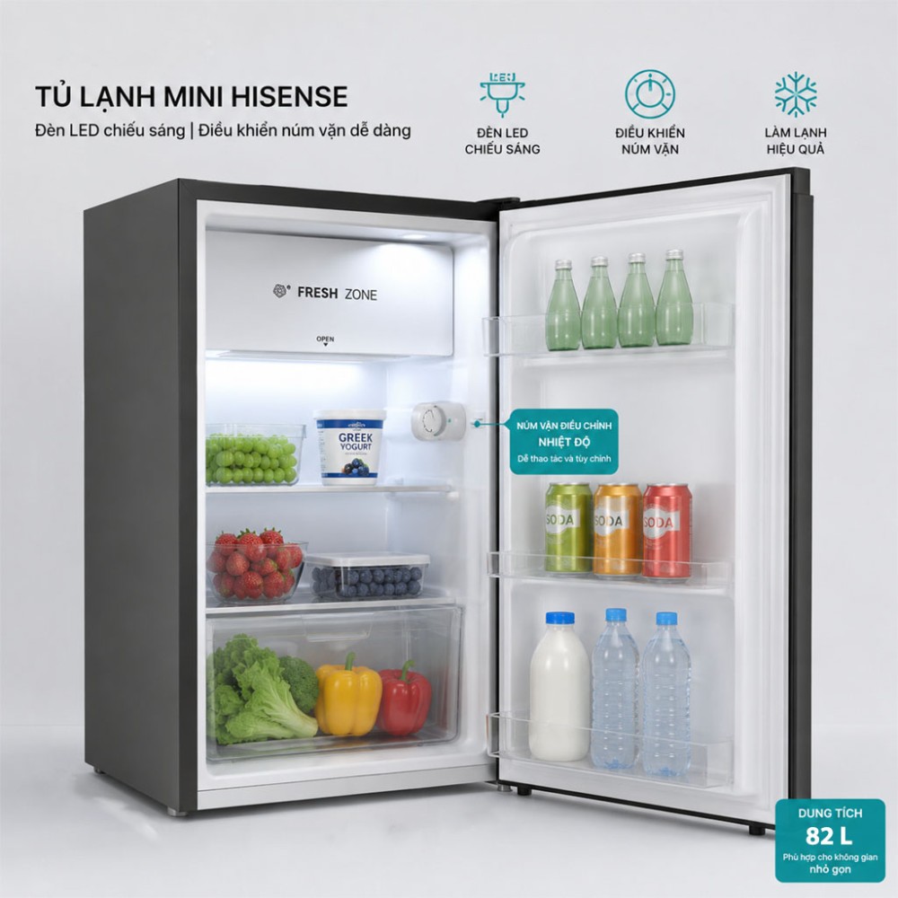 Đèn led chiếu sáng của tủ lạnh Hisensen 82 lít RR106D4EBN