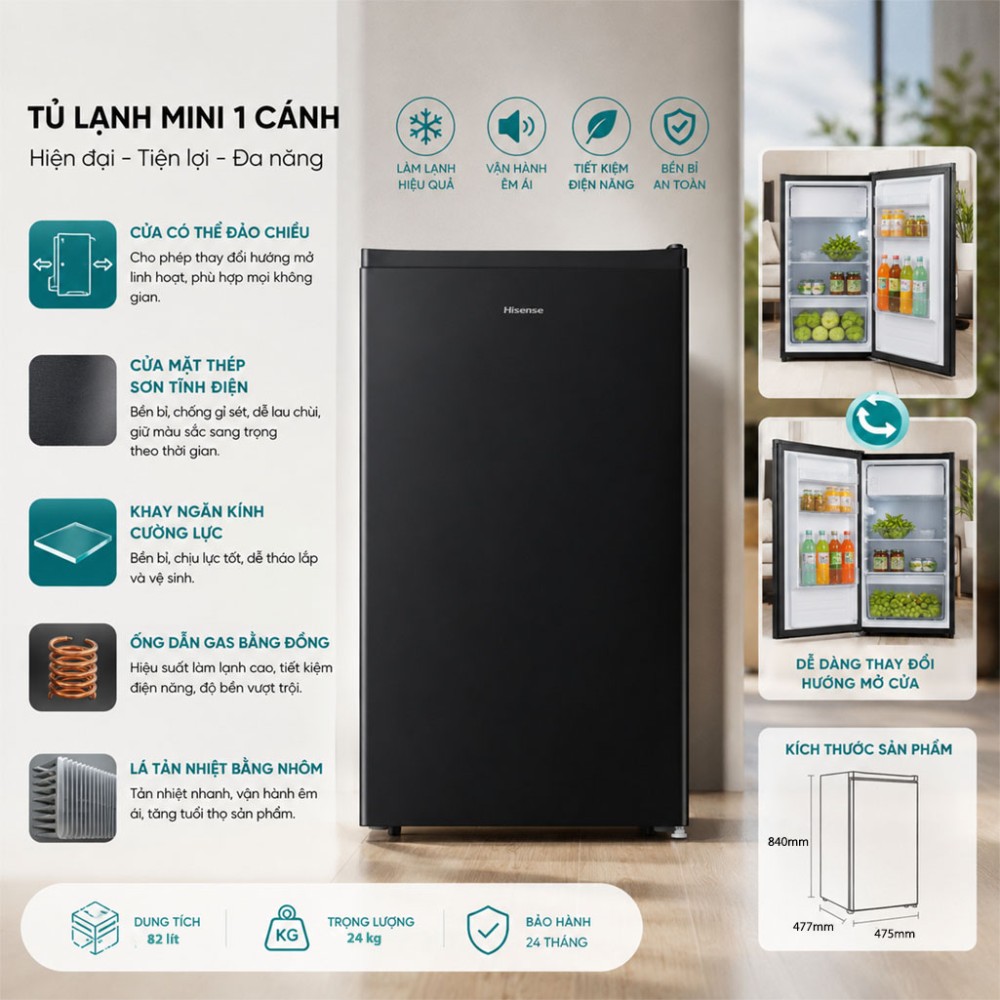 Tủ lạnh Hisensen 82 lít RR106D4EBN hiện đại đa năng